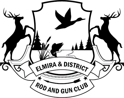 Logo of the Elmira & District Rod and Gun Club. Two outlines of male deer flank a badge which contains the sihoulette of a duck flying above a fish that is jumping out of a stream in a marsh.